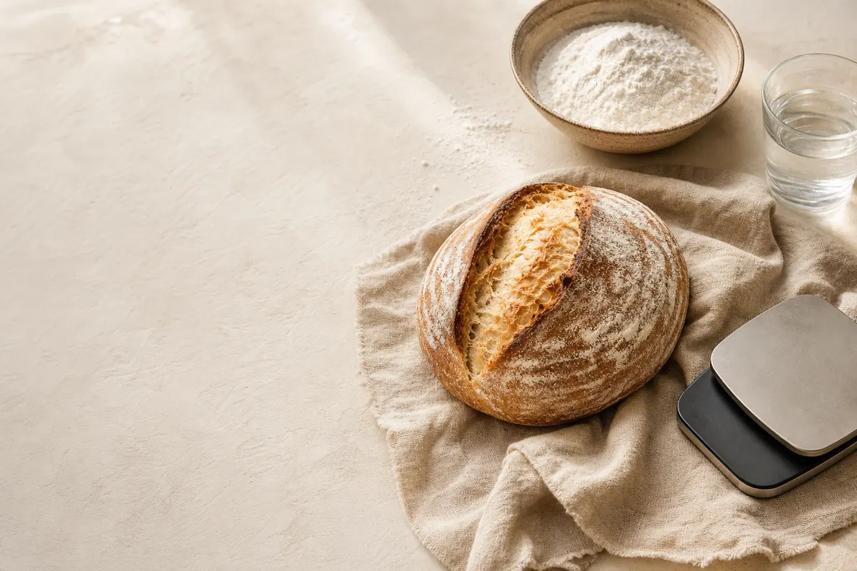 A rustic sourdough loaf beside a kitchen scale, flour, and a glass of water.