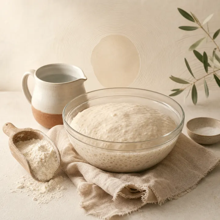 A bowl of airy dough beside water and flour.