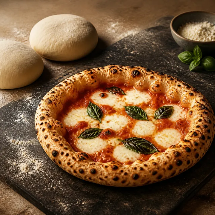 A blistered Neapolitan pizza beside two smooth dough balls on a dark baking surface.