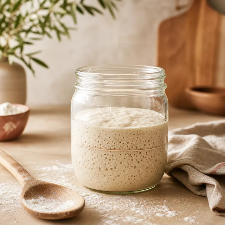 A bubbly sourdough starter in a clear glass jar.