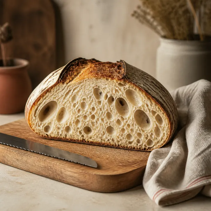 A sliced sourdough loaf showing an airy crumb.